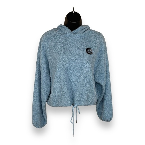 Polly & Esther Tops - SMALL FUZZY KNIT Y2K STYLE CROPPED HOODIE PASTEL BLUE MOON ROSE LOUNGEWEAR